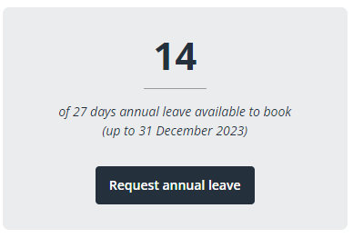 Screenshot showing the number days left out of annual leave entitlement, total entitlement, and request annual leave button.